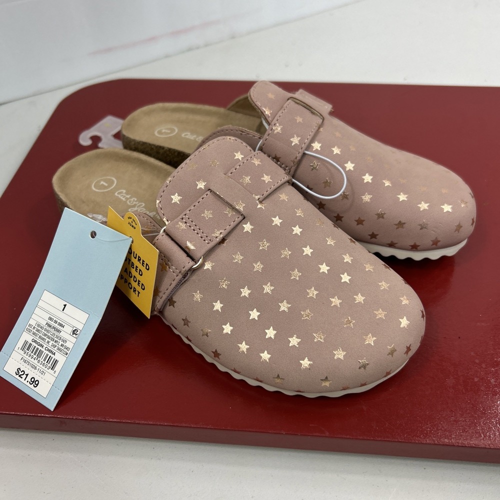 Cat And Jack Girls Tan Pink/Perry Clog Slide On Shoes‎ Size 1 Hold Stars